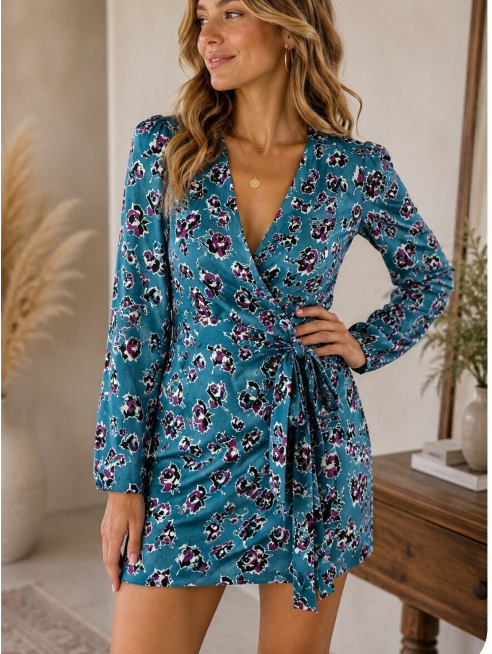 The Kooples Short Wrap Floral Teal Dress Size FR 4 US 10 NWT $415